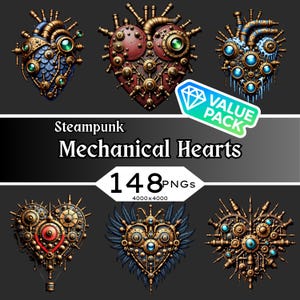May include: A collection of six steampunk mechanical heart designs. Each heart features intricate gears, pipes, and embellishments in gold, bronze, and blue. The image includes the text "Steampunk Mechanical Hearts" and "148 PNGs".