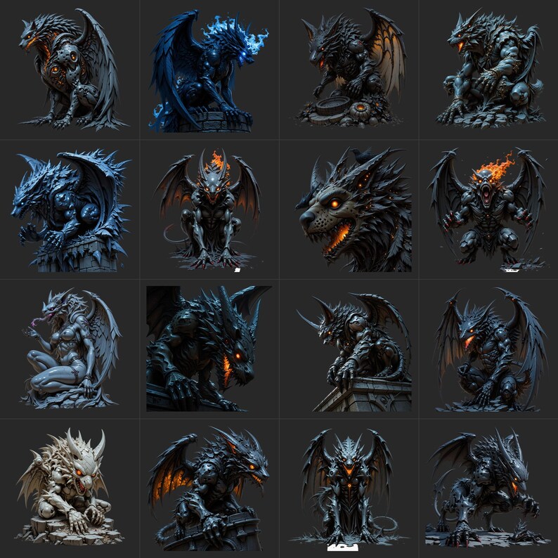 Dark Fantasy Gargoyle Clipart Bundle, Stone Guardian Illustrations (48 ...