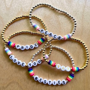 RAINBOW | Personalized Name/Word Bracelet | Gold or Silver Beads | Bright or Pastel Rainbow | Black or Gold Letters | Custom Jewelry