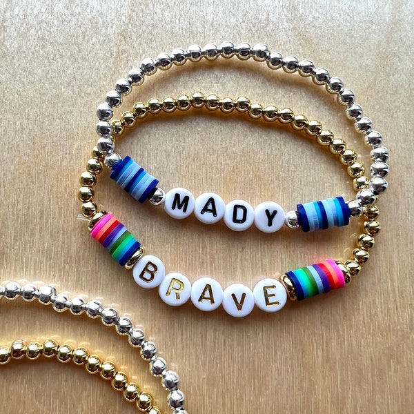 CUSTOM COLOR | Personalized Name/Word Bracelet | Gold or Silver Beads | Black or Gold Letters | Custom Jewelry