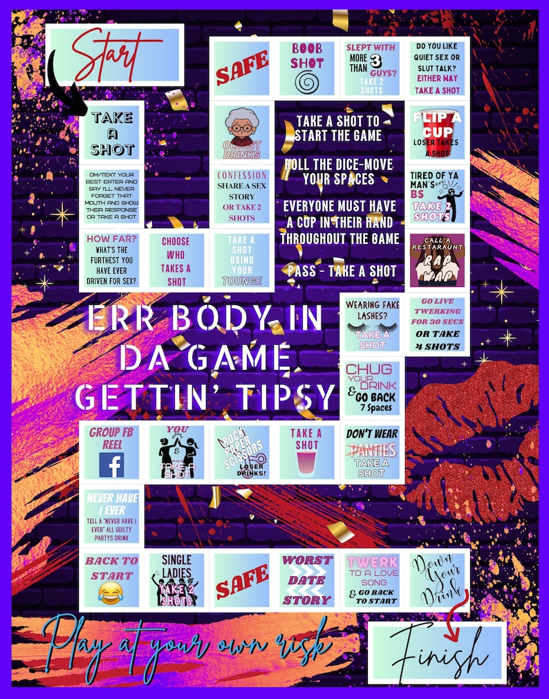 Op de afbeelding: Een kleurrijk spelbord met een roze, paarse en zwarte achtergrond. Het bord is verdeeld in vierkanten met verschillende uitdagingen en instructies. Het spel heet "Err Body In Da Game Gettin' Tipsy".