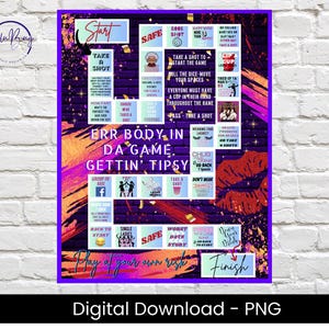Op de afbeelding: Een kleurrijk spelbord met de titel "Err Body in Da Game Gettin' Tipsy". Het bord is verdeeld in vierkanten met verschillende aanwijzingen voor spelers om een ​​shot te nemen. Het bord is versierd met lippen, sterren en andere leuke ontwerpen.