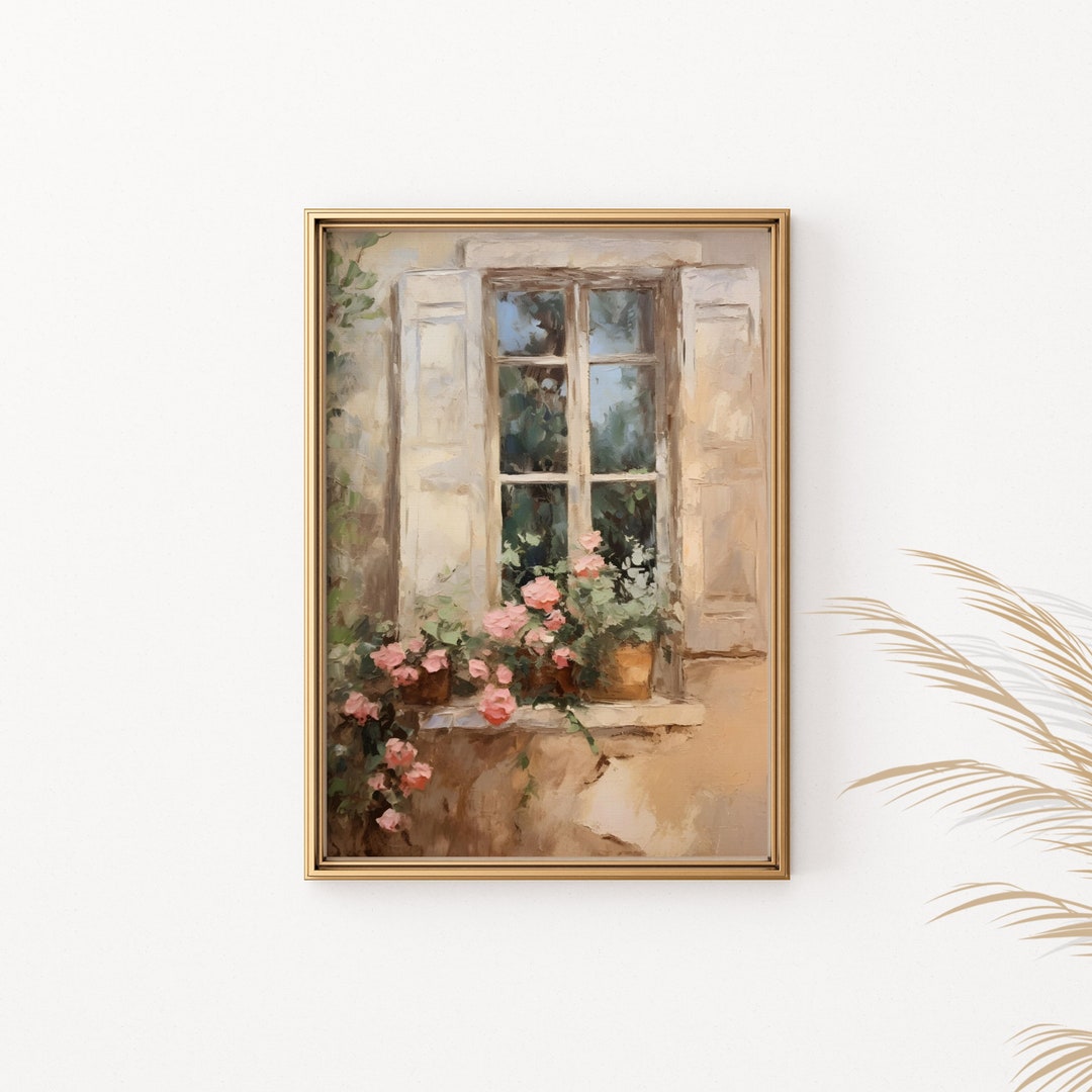 Vintage French Window Wall Art, Rustic Floral Unframed Poster, Cottagecore Window View, Shabby ...