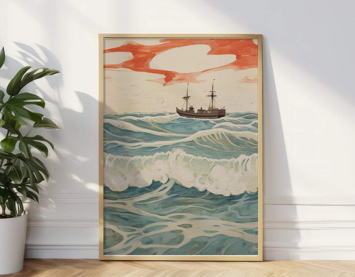 Vintage Nautical Wall Art, Ocean Waves Print, Old Ship Poster, Maritime