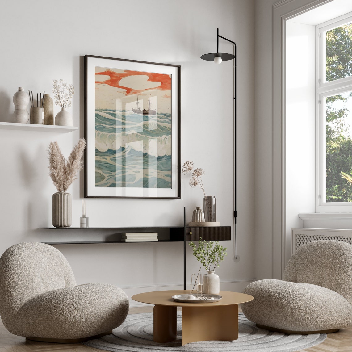 Vintage Nautical Wall Art, Ocean Waves Print, Old Ship Poster, Maritime