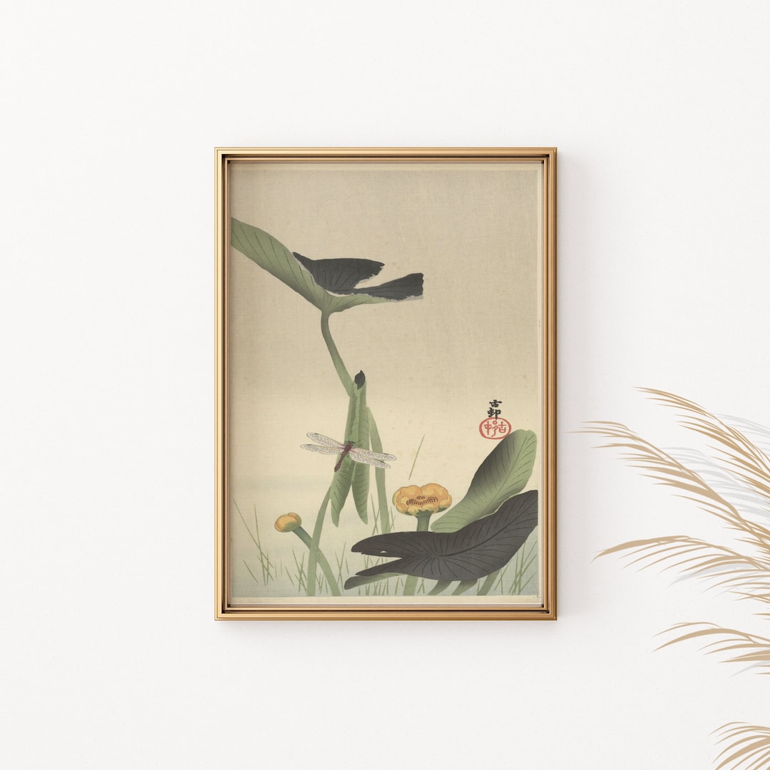 Vintage Japanese Botanical Art Print, Dragonfly and Lotus Wall Decor ...