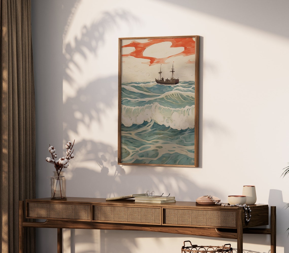 Vintage Nautical Wall Art, Ocean Waves Print, Old Ship Poster, Maritime