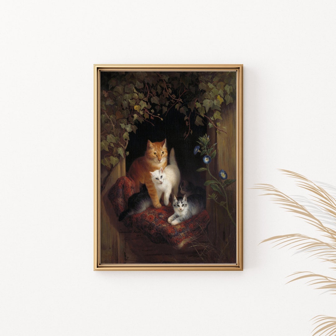 Vintage Cats Wall Art, 19th Century Cat Painting, Classic Feline