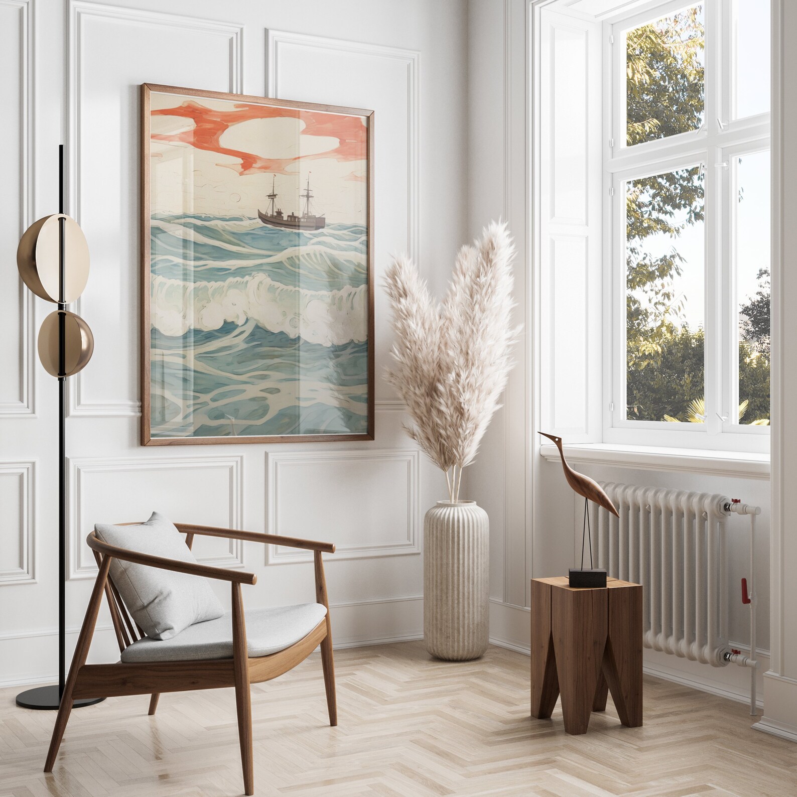 Vintage Nautical Wall Art, Ocean Waves Print, Old Ship Poster, Maritime