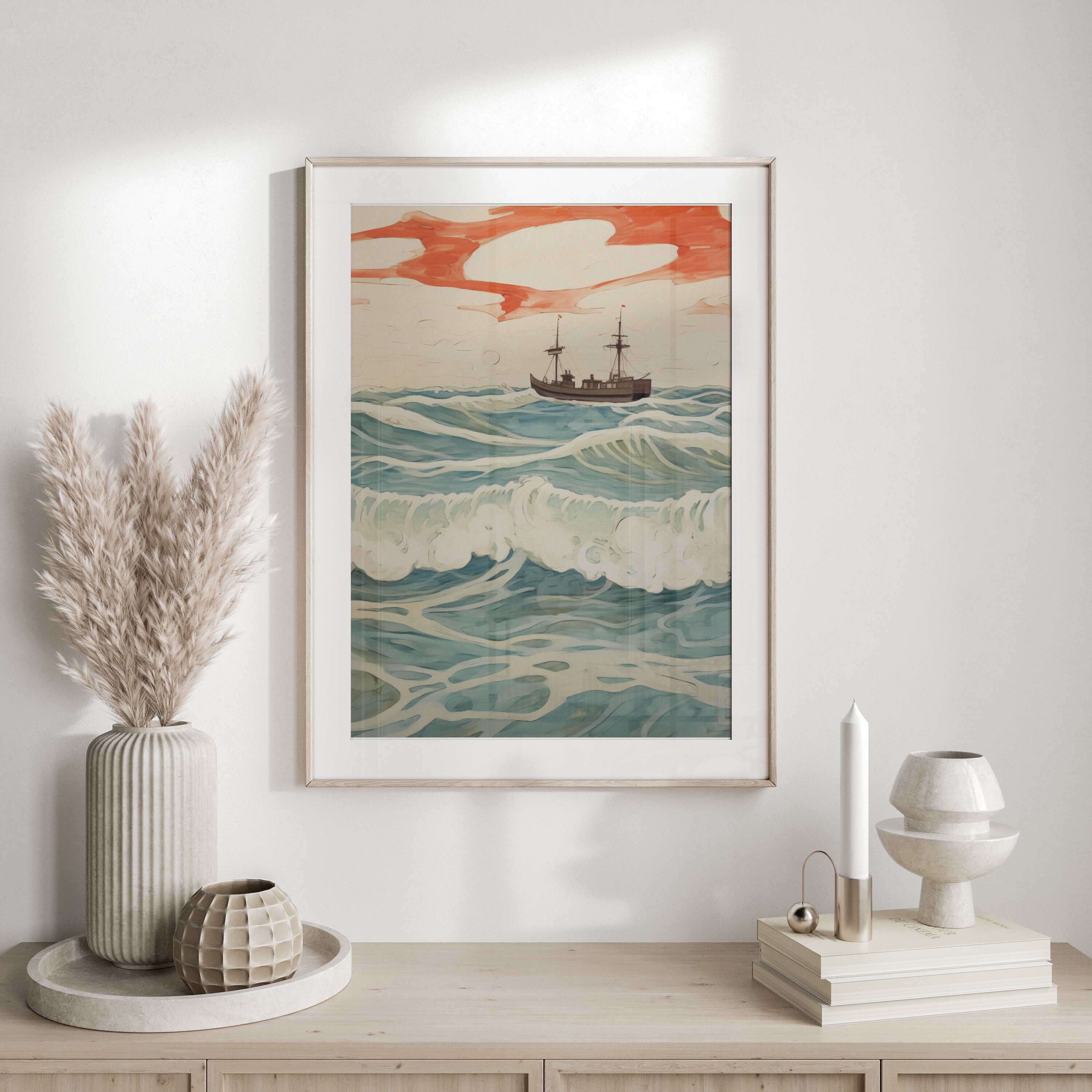Vintage Nautical Wall Art, Ocean Waves Print, Old Ship Poster, Maritime ...