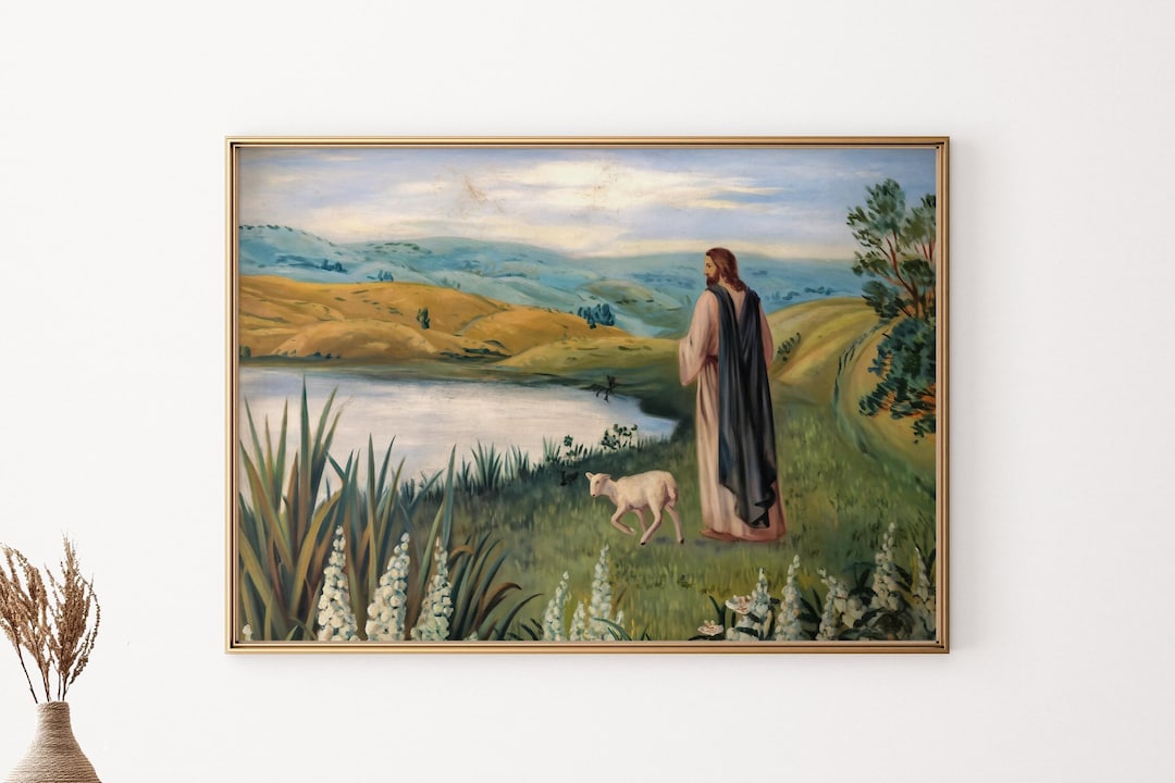 Inspirational Biblical Art Print, Jesus and Lamb Pastoral Scene Poster ...