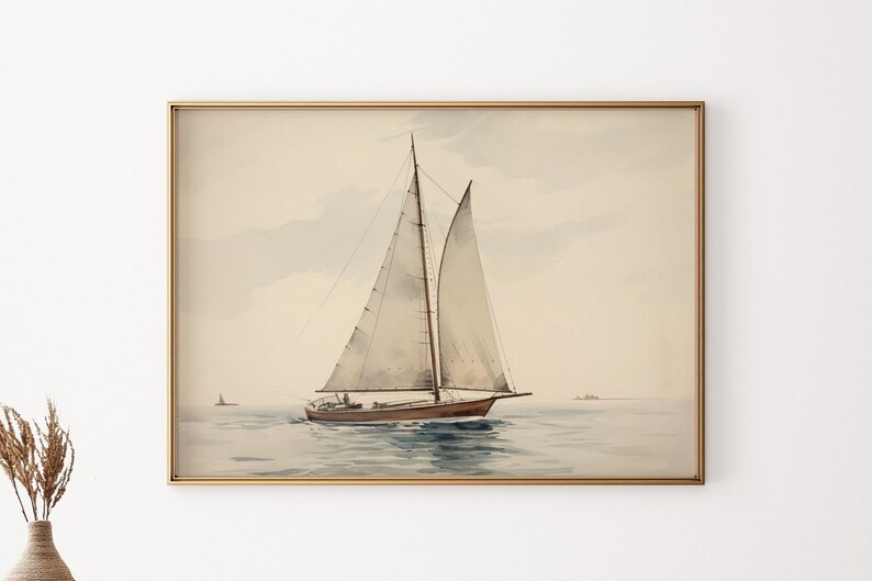 Vintage Sailboat Watercolor Painting, Nautical Wall Art, Unframed Maritime Seascape, Coastal Decor, Unique Home Decoration