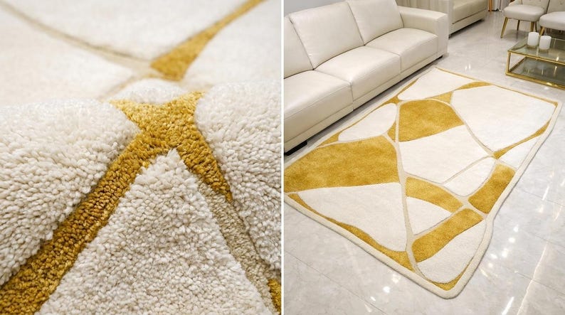 Pu&ograve; includere: Un tappeto rettangolare con un motivo geometrico color crema e oro. Il tappeto presenta un pelo morbido e strutturato con un design di forme interconnesse. La palette di colori neutri lo rende adatto a vari stili di interni. Misura circa 200 cm x 300 cm.