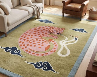 Tappeto in lana con stampa leopardo rosa, gru e nuvole, trapuntato a mano, con motivo astratto safari, ideale per l'arredamento di casa.