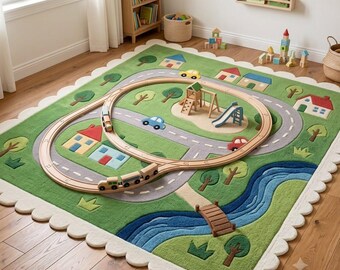Tappeto da gioco in lana fatto a mano con binari del treno, strada e ponte per bambini (100% lana)