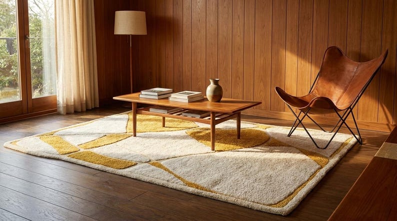 Pu&ograve; includere: Un soggiorno in stile retr&ograve; con un tavolino in legno, una sedia a farfalla in pelle e un tappeto fantasia. Il tappeto presenta uno sfondo color crema con forme geometriche gialle. La stanza ha pannelli in legno e una lampada da terra.