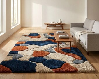 Tappeto moderno astratto a pelo lungo, tappeto geometrico in lana, decorazione per pavimento trapuntato color crema ruggine blu navy.