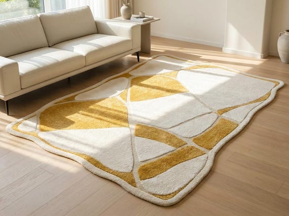Abstract Irregular Rug, Cream Mustard Geometric Carpet, Tufted Living Room Floor Mat