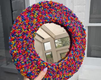Multicolour tufted mirror | colourful boho wall hanging