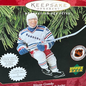 Enfeite de árvore de Natal Wayne Gretzky New York Rangers Hallmark Vintage colecionável cartão de hóquei da NHL incluído NIB no deck superior, lembrança
