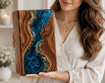 Ocean Blue Resin Wood Urn | Handmade Memorial Cremation Box, Custom Engraving Available