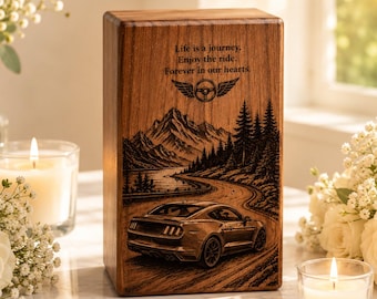 Personalized Wooden Car Urn, Engraved Mountain Road Cremation Memorial, Handcrafted Keepsake