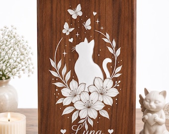 Personalized Wooden Cat Memorial Urn, Butterfly Floral Engraved Ashes Box