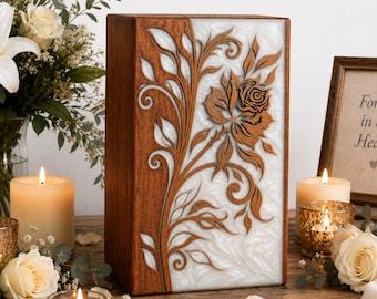 Hand Carved Rose Wooden Urn, Hardwood Resin Memorial Urn