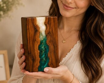 Handmade Wooden Urn with Emerald Resin River, Hummingbird Engraving, Memorial Ashes Keepsake