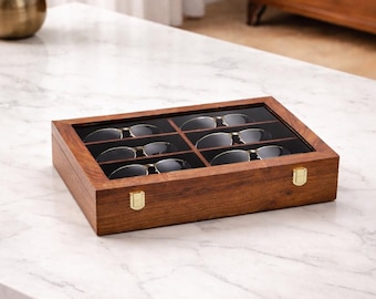 Handcrafted Wooden Sunglasses Organizer Box, 8 Slot Eyeglass Display Case, Velvet Lined, Glass Top