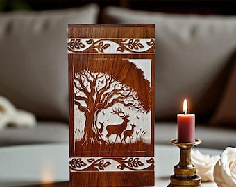 Hand Carved Rosewood Cremation Urn: Tree & Deer Design, 250 cu. in.
