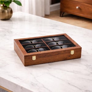 Scatola portaoggetti in legno per occhiali da sole con 8 scomparti / Custodia per occhiali con parte superiore in vetro / Espositore per occhiali da sole di lusso da uomo / Regalo per lui