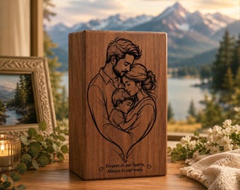 Personalized Wooden Cremation Urn, Engraved Family Memorial Keepsake Box