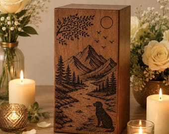 Personalized Wooden Pet Urn, Mountain Landscape Memorial Keepsake Box