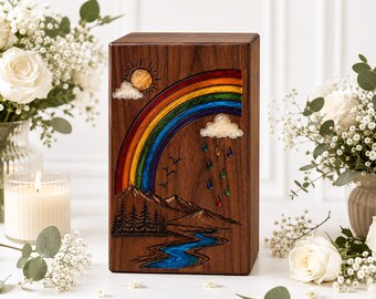 Handmade Wooden Cremation Urn, Rainbow Mountain Landscape Memorial Box, Personalized Keepsake