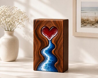 Personalized Wooden Memorial Urn, Heart River Resin Inlay Custom Engraved Keepsake Ashes Box