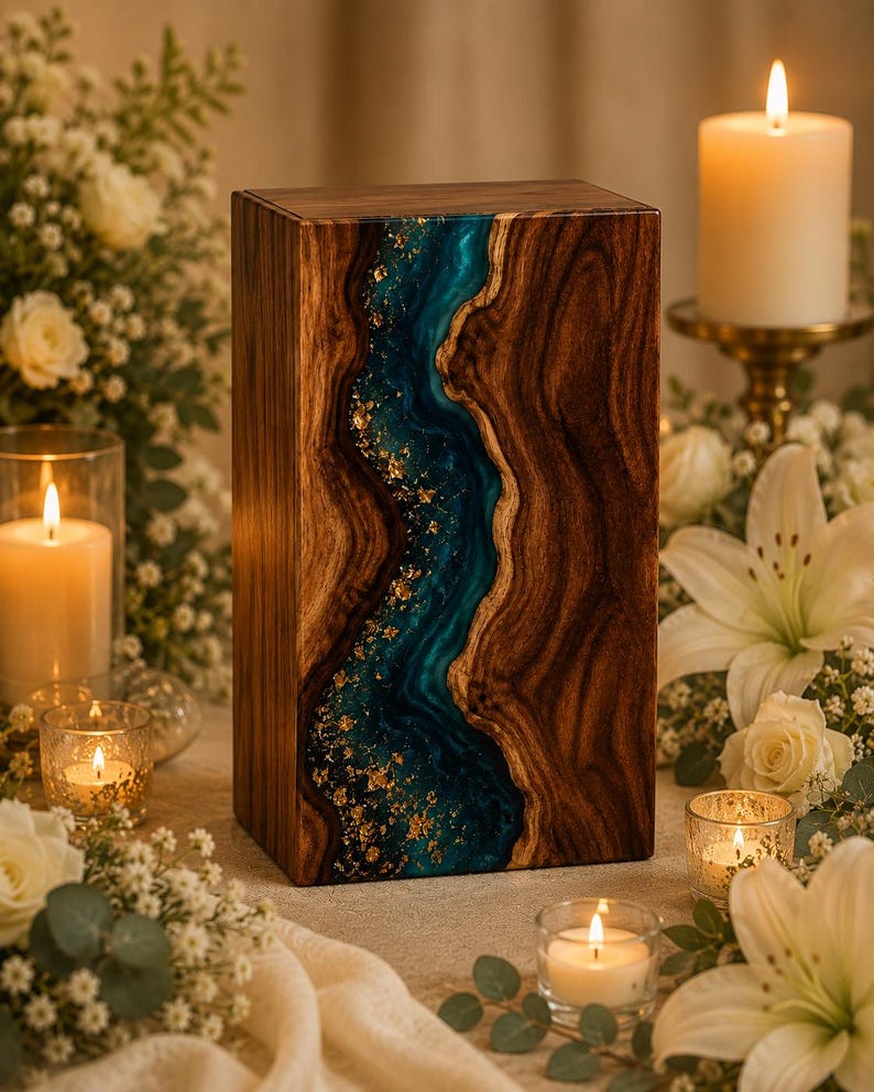 Blue Resin River Cremation Urn - Handmade Wooden Memorial urn, Human & Pet Ashes Box image 8