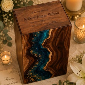 Blue Resin River Cremation Urn - Handmade Wooden Memorial urn, Human & Pet Ashes Box image 9