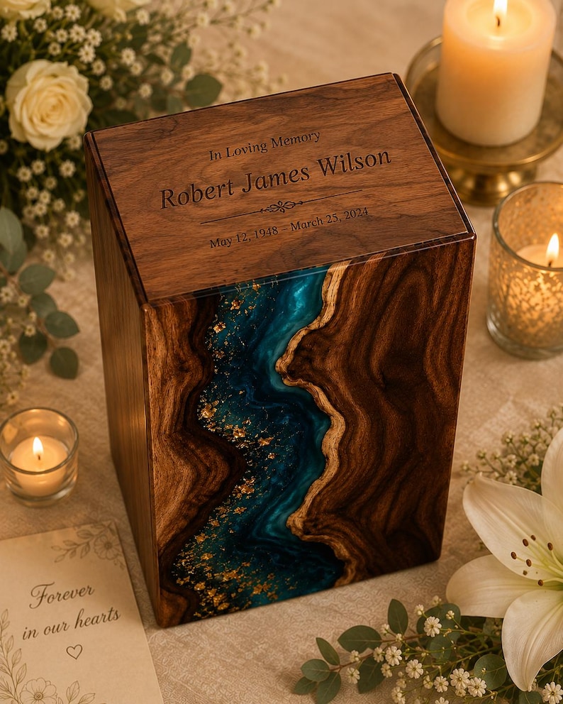 Blue Resin River Cremation Urn - Handmade Wooden Memorial urn, Human & Pet Ashes Box image 9