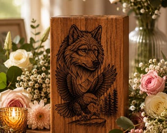 Wolf Eagle Engraved Walnut Cremation Urn, Handcrafted Memorial Keepsake Box