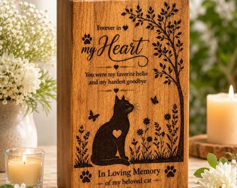 Personalized Wooden Cat Urn, Engraved Pet Memorial Box, Custom Cat Keepsake, Sympathy Gift