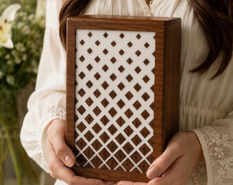 Handmade Wooden Cremation Urn, White Inlay Geometric Lattice Design, Memorial Keepsake Box