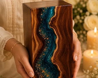 Blue Resin River Cremation Urn - Handmade Wooden Memorial urn, Human & Pet Ashes Box