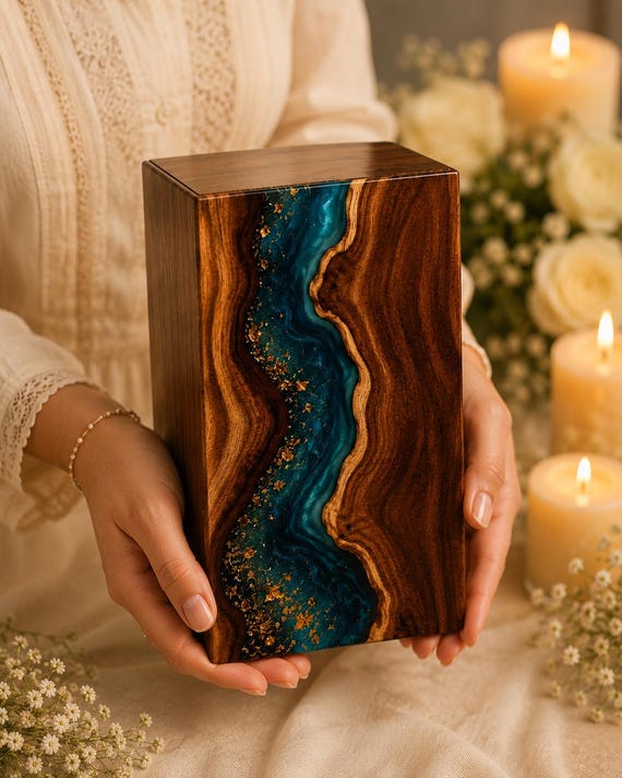 Blue Resin River Cremation Urn - Handmade Wooden Memorial urn, Human & Pet Ashes Box