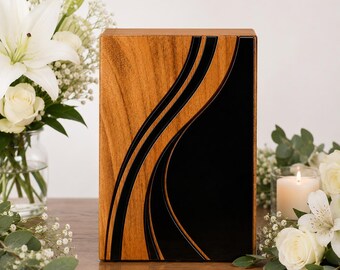 Mango Wood Cremation Urn, Black Resin Wave Memorial Box, Human Ashes (Personalized)