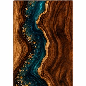 May include: A rectangular wooden block featuring a central, winding river-like inlay of deep teal resin. The resin section is infused with shimmering gold leaf flakes, contrasting against the dark, rich brown wood grain on either side.