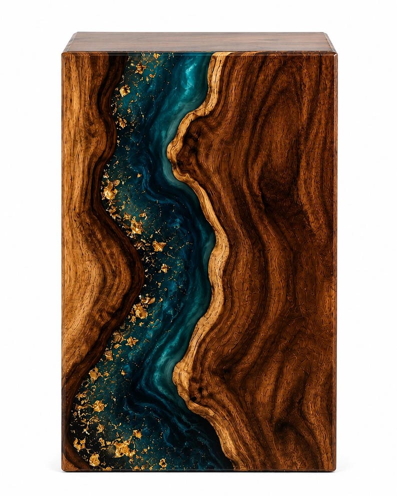May include: A rectangular wooden block featuring a central, winding river-like inlay of deep teal resin. The resin section is infused with shimmering gold leaf flakes, contrasting against the dark, rich brown wood grain on either side.