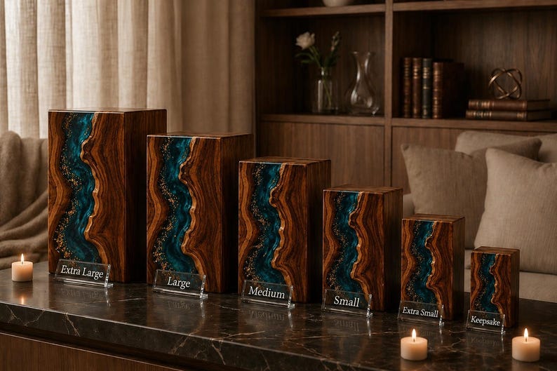 May include: A set of six rectangular wooden urns in varying sizes, each featuring a central vertical river-like inlay of teal resin with gold flecks. Clear acrylic labels in front of each urn read Extra Large, Large, Medium, Small, Extra Small, and Keepsake.