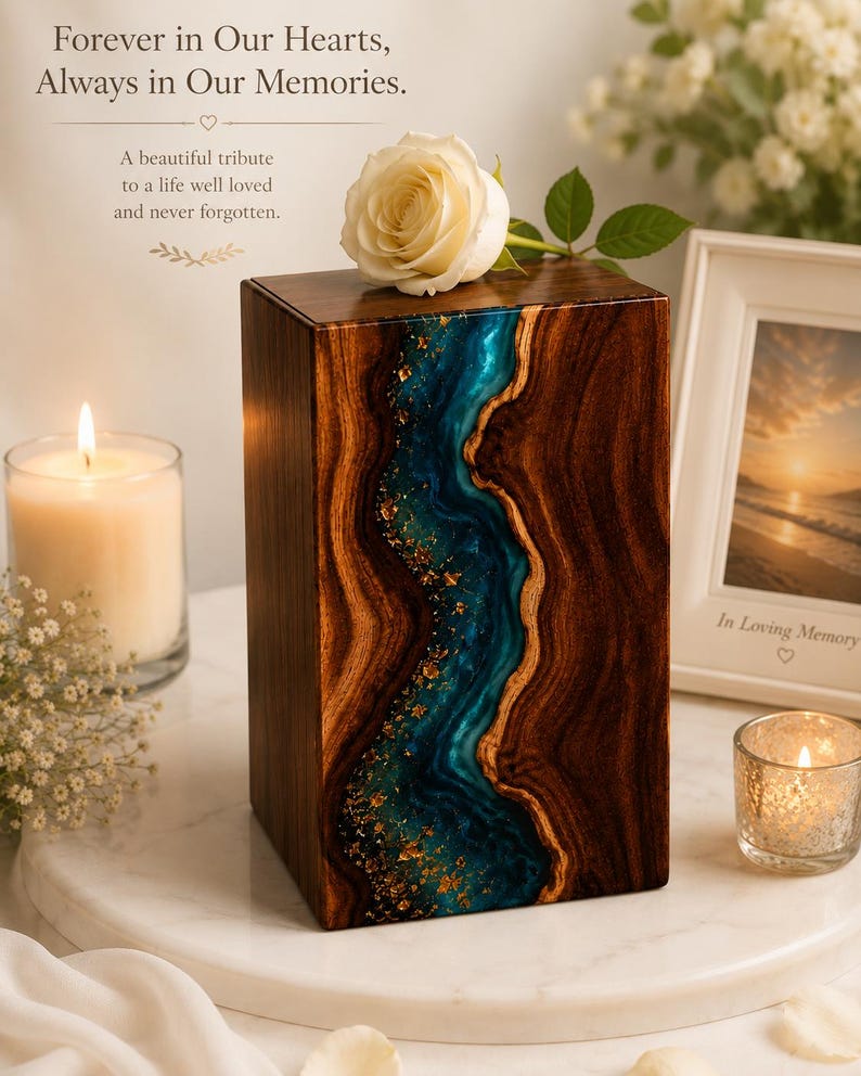 May include: A rectangular wooden cremation urn featuring a central vertical inlay of blue resin with gold leaf accents. The dark wood grain contrasts with the smooth, flowing blue resin river design. A single white rose rests on the top surface.