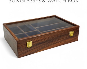 Wooden Watch and Sunglasses Organizer Box with Glass Top Display case